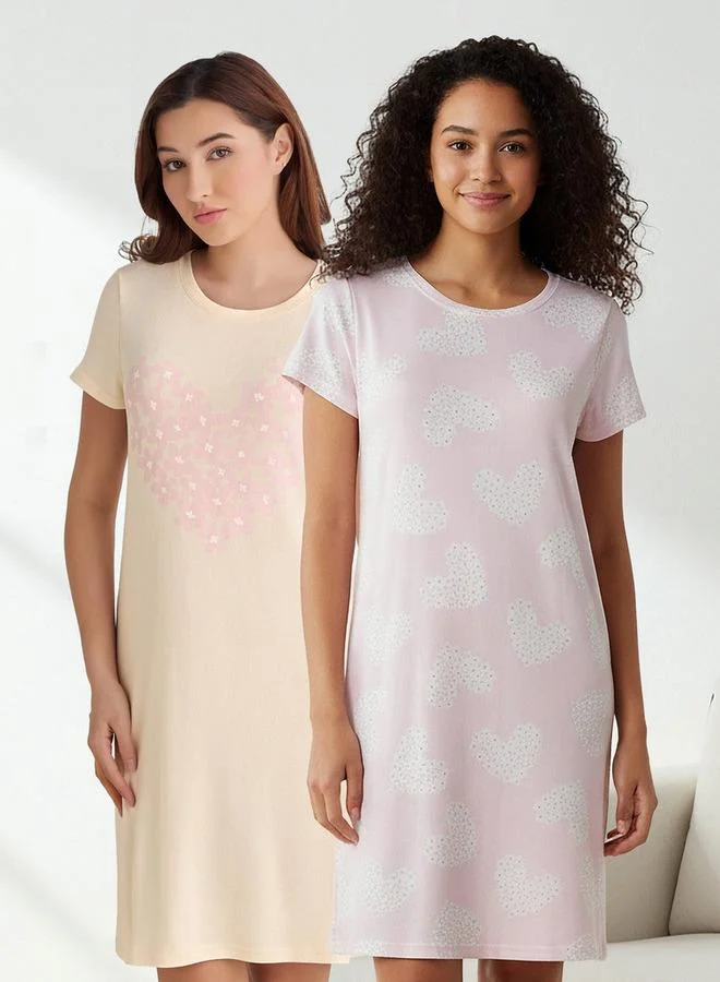 Splash FAV Set of 2 - Night Dress Short Sleeve Floral Print Cotton